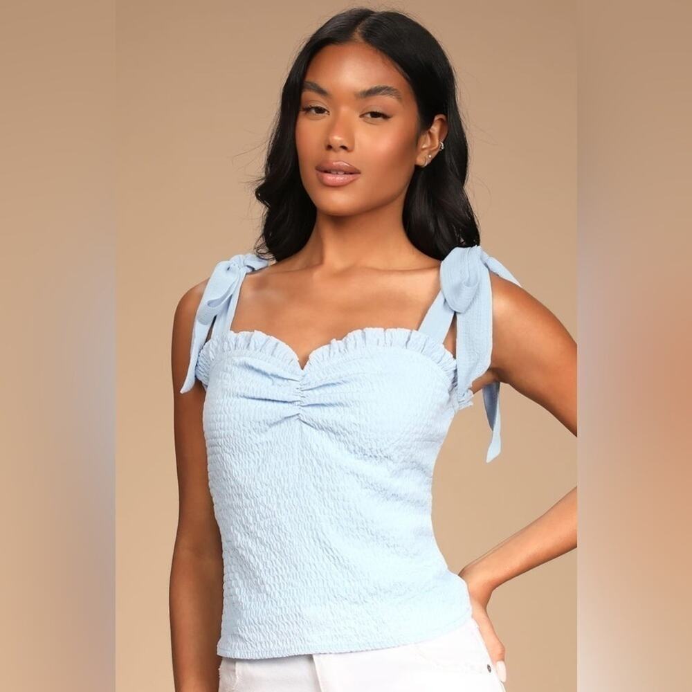Lulu’s You’re a Sweetheart Light Blue Tie-Strap Ruffled Tank Top Ruched